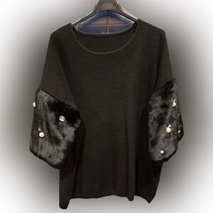 Elegant Black Sweater with Faux Fur Sleeves